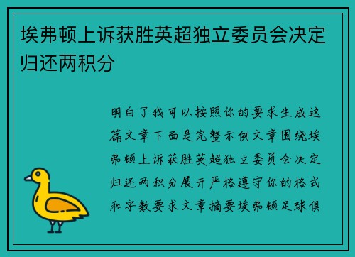 埃弗顿上诉获胜英超独立委员会决定归还两积分