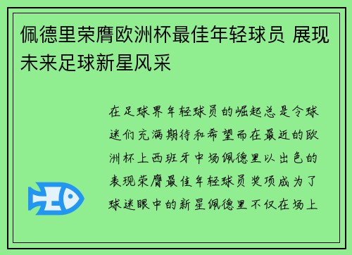 佩德里荣膺欧洲杯最佳年轻球员 展现未来足球新星风采